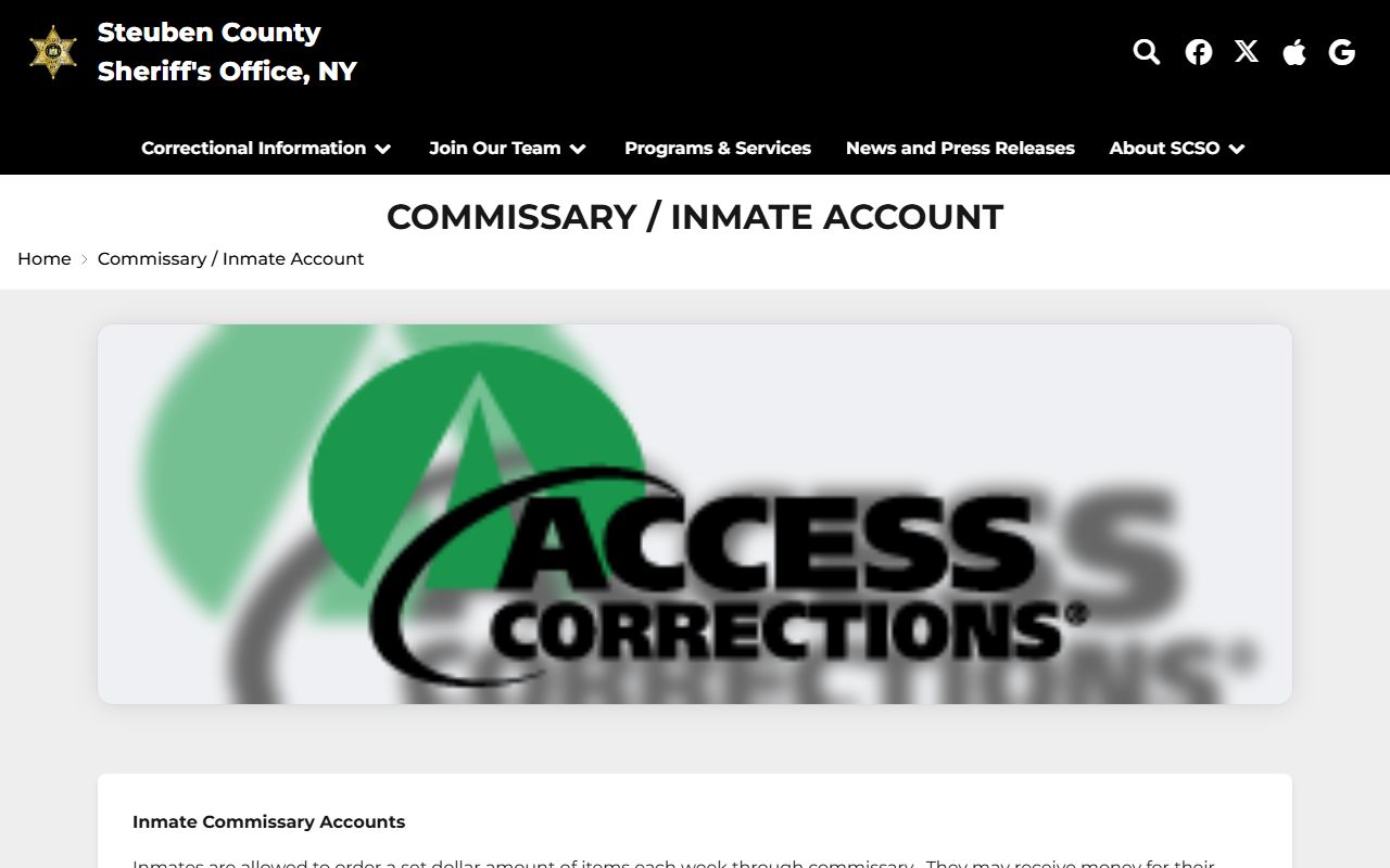 Steuben County Jail commissary deposit and inmate money account information