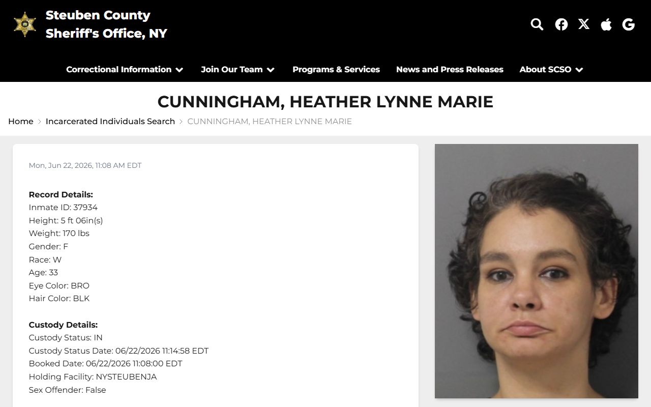 Steuben County inmate records profile with booking photo and custody fields