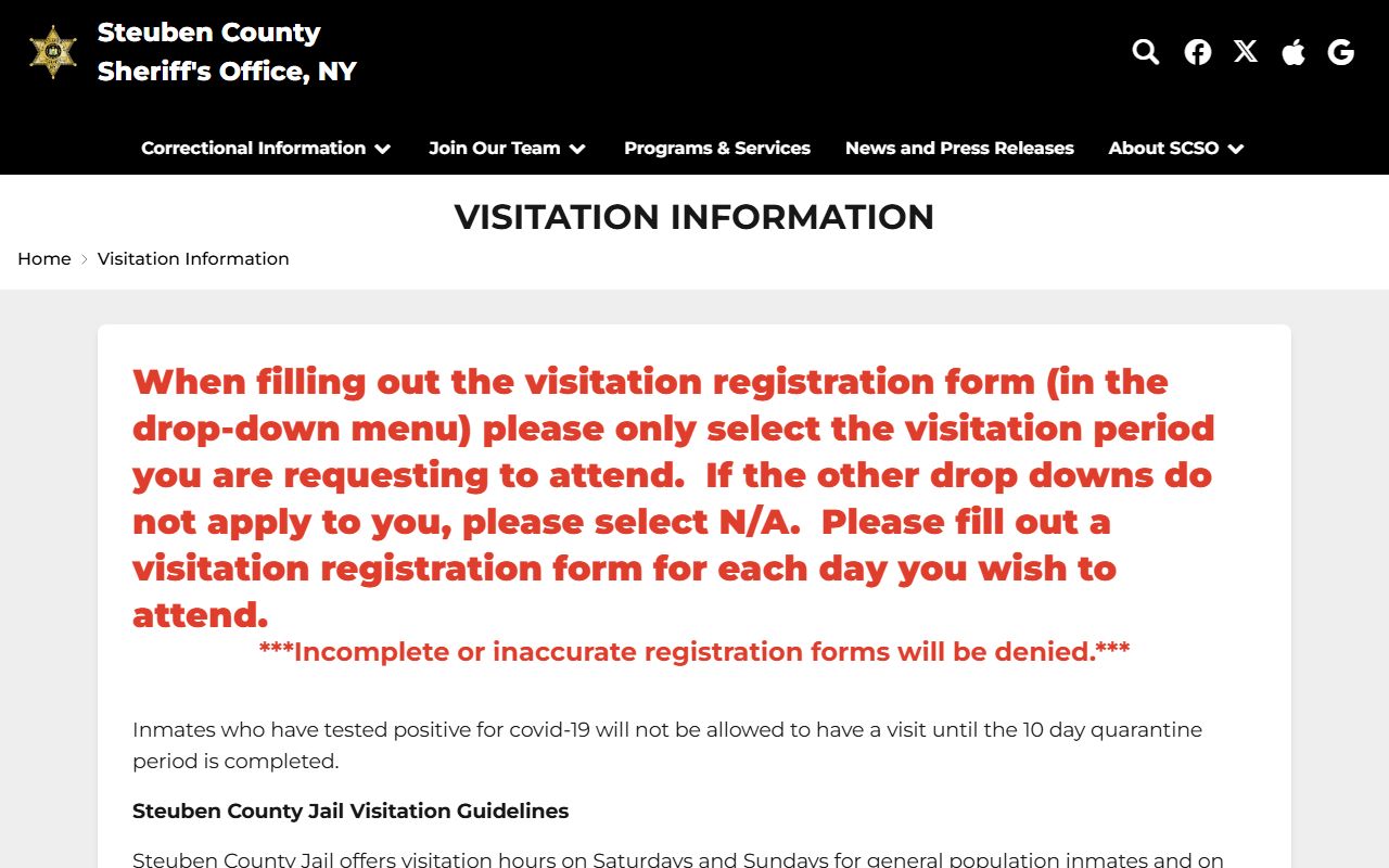 Steuben County Jail visitation rules and inmate visit record information