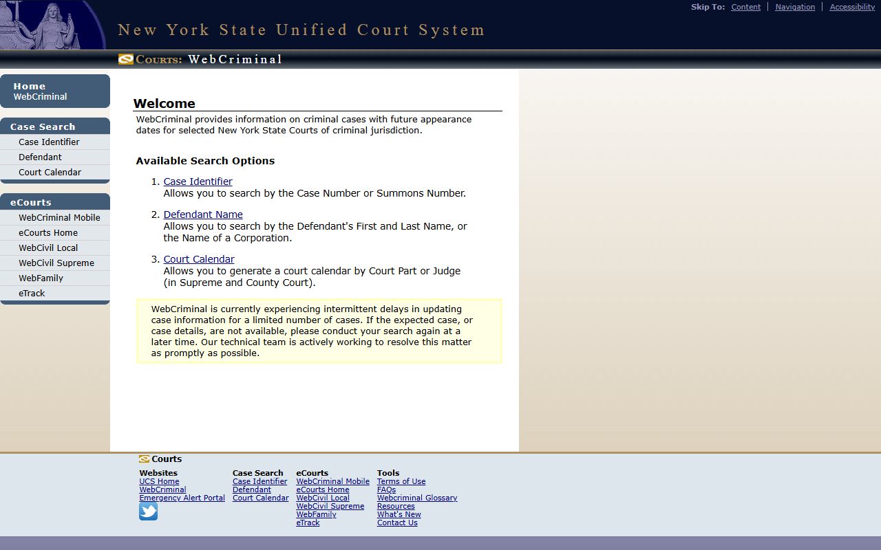 Steuben County court records after arrest WebCriminal search page